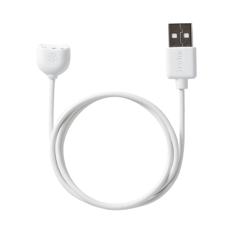 A white charging cable with a USB connector on one end and a charging port on the other, against a solid background.