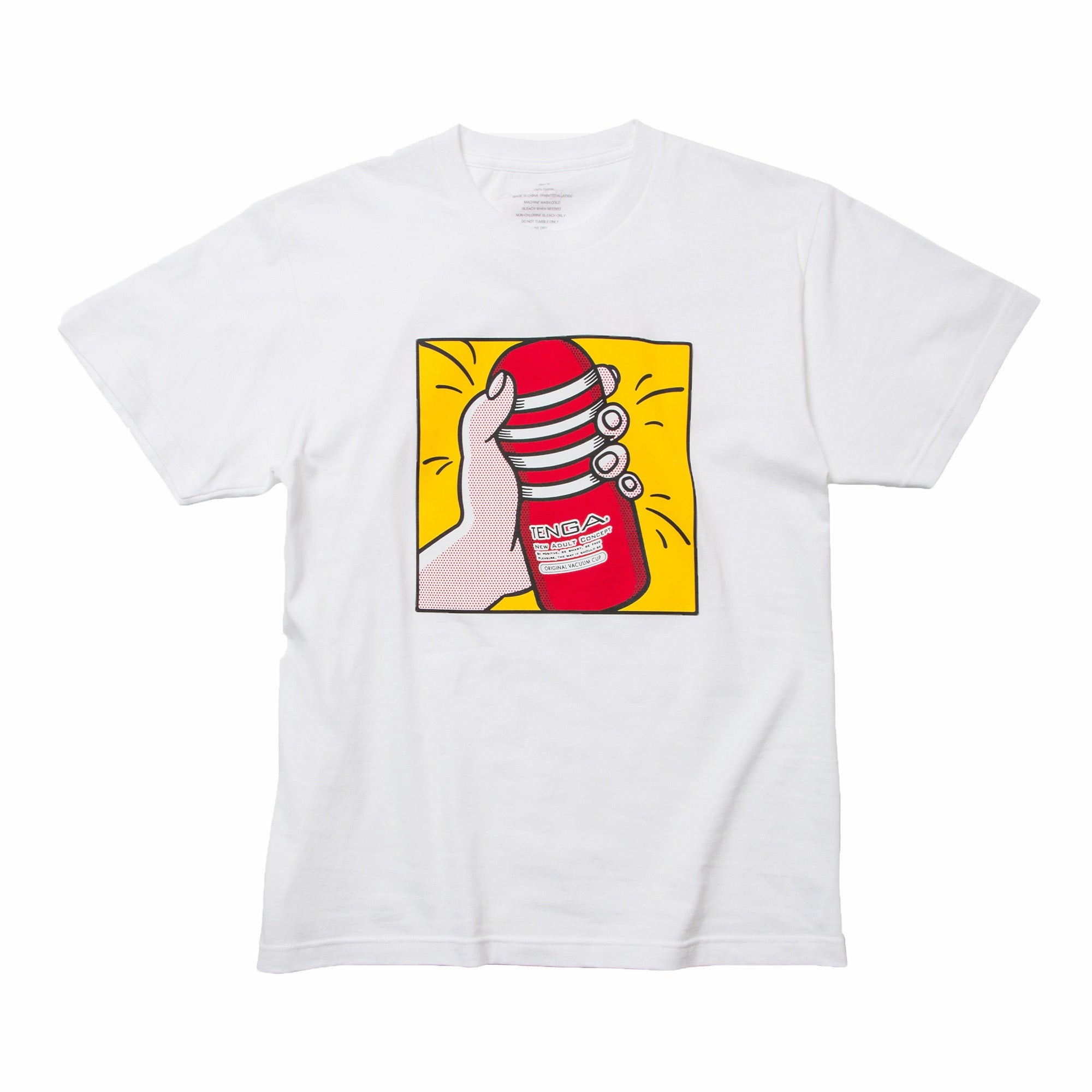 Playing with TENGA T-SHIRT Blanco x Amarillo